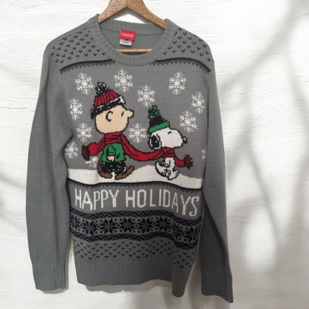 Peanuts Charlie Brown snoopy Gray Holiday Sweater Christmas knit M